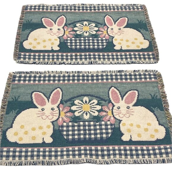 Tapestry Placemats Holiday Easter Bunny Rabbit Spring Cotton Set of 2 VINTAGE - Picture 1 of 7